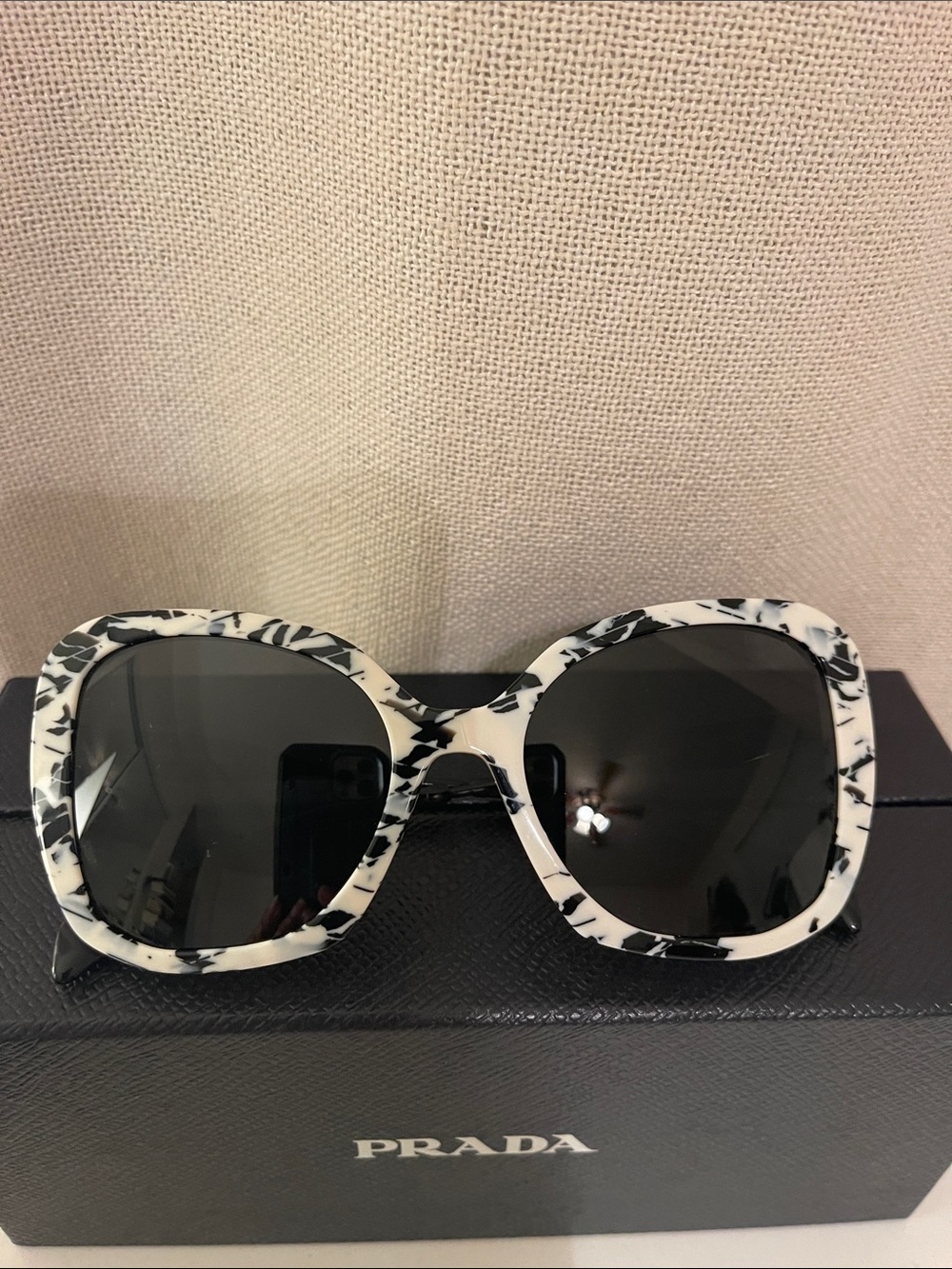 Prada Marbled White and Black Pattern Oversized Square Sunglasses - Picture 2 of 7